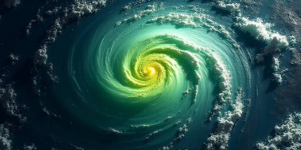 a satellite image of a storm in the ocean with green dots on it and a yellow dot on the top of the i