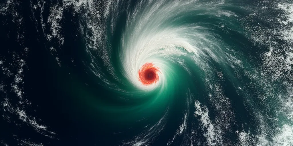a satellite image of a storm in the middle of the ocean with a red and green area in the middle, Aqu