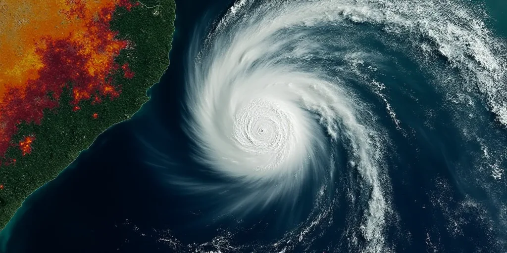 a satellite image of a storm in the ocean with a red and yellow area on the left side of the image,
