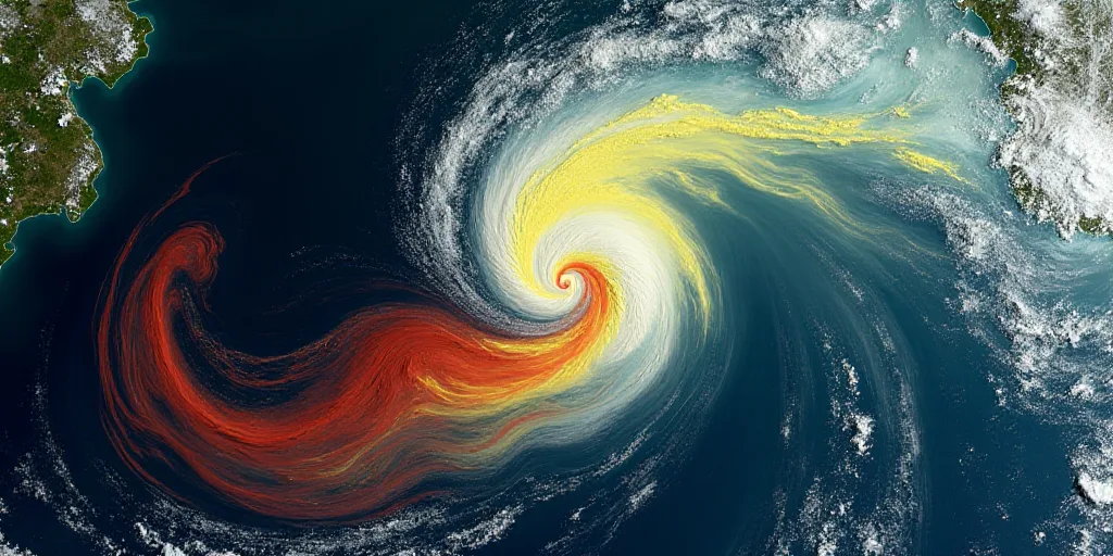 a satellite image of a storm in the ocean with a red and yellow area on the left and a yellow area o