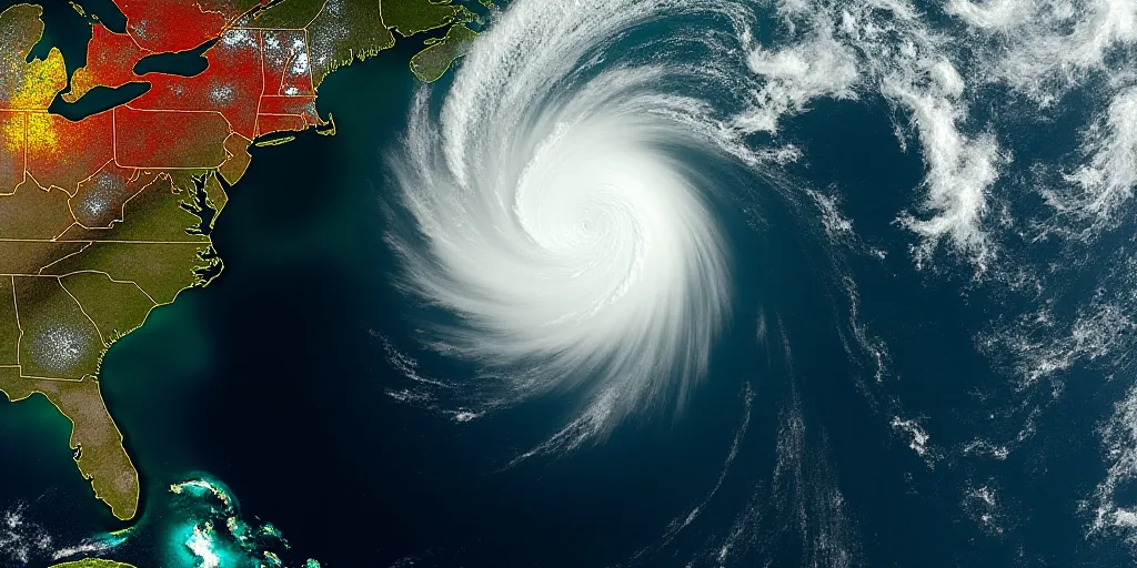 a satellite image of a storm in the ocean with a red and yellow area on the left side of the image,