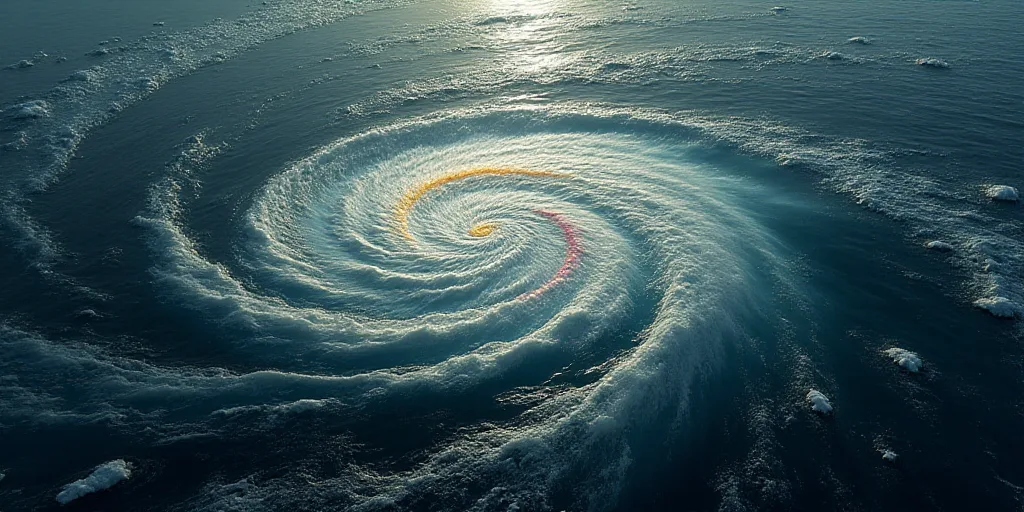 a satellite image of a storm in the middle of the ocean with a red and yellow line on it, Ceferí Ol