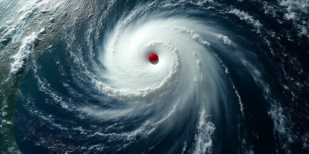 a satellite image of a tropical storm in the middle of the ocean with a red dot on the center of the