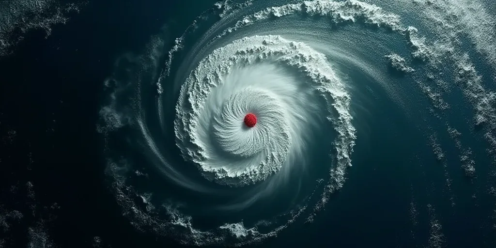a satellite image of a tropical cyclone in the ocean with a red dot on the center of the image, Aqui
