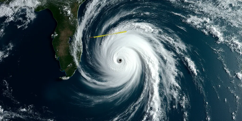 a satellite image of a tropical storm in the middle of the ocean with a yellow line on the top of th
