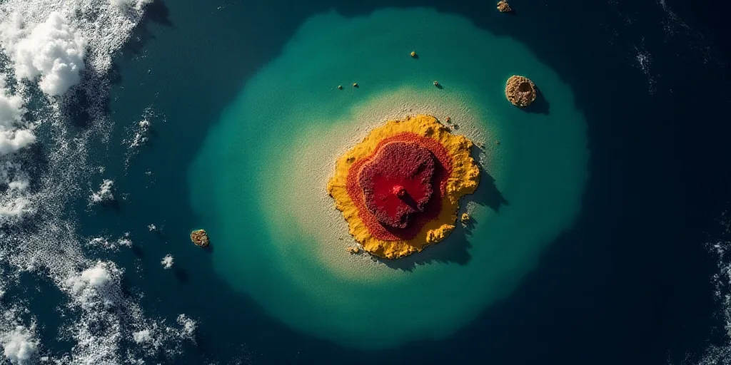 a satellite image of a tropical island with a red and yellow area in the middle of it and a red area