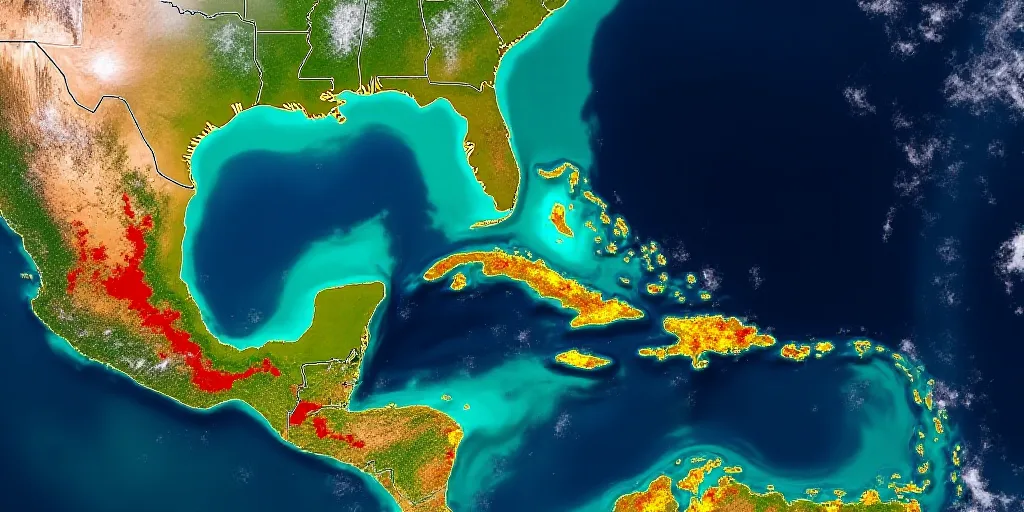 a satellite image of a tropical region with a lot of rain and red and yellow areas on the map, Aquir