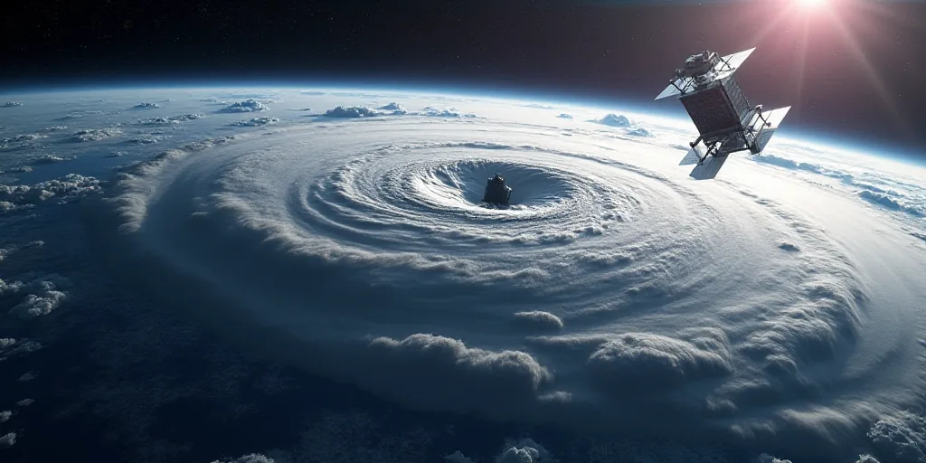 a satellite satellite flying over a hurricane in the sky above the earth's surface, with a satellite