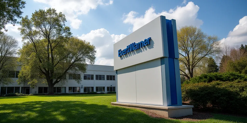 a sign for a company that is on a building with trees in the background and a sky background with cl