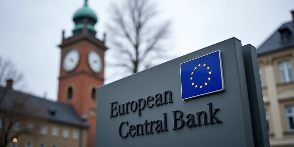 a sign for a european central bank in front of a building with a clock tower in the background and a