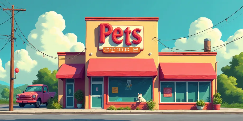 a sign for a pet store in front of a building with a large sign on it's side, Amelia Peláez, logo,