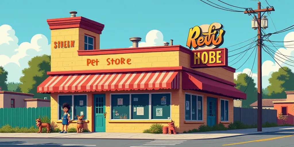 a sign for a pet store in front of a building with a large sign on it's side, Amelia Peláez, logo,