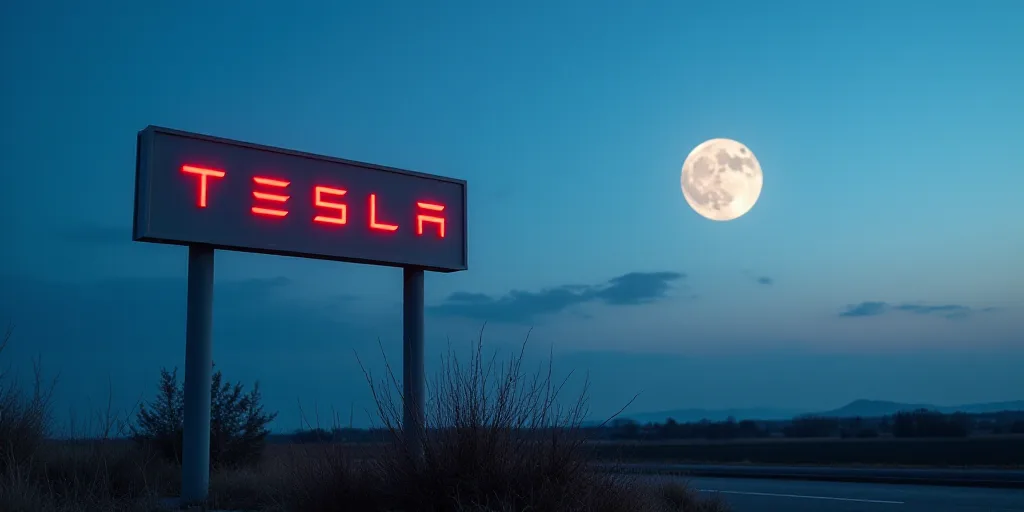 a sign for a tesla plant with a full moon in the background and a blue sky with a few clouds, Beeple