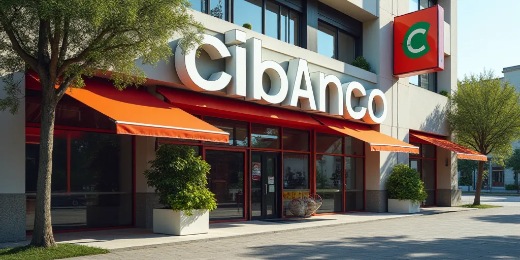 a sign is in front of a business called cibanco cibanco, which is located in a city, Ceferí Olivé,