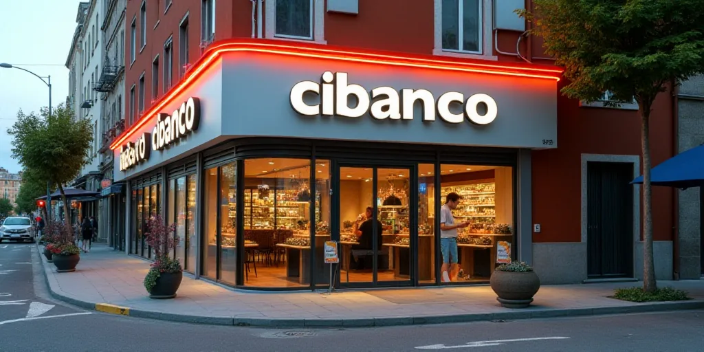 a sign is in front of a business called cibanco cibanco, which is located in a city, Ceferí Olivé,