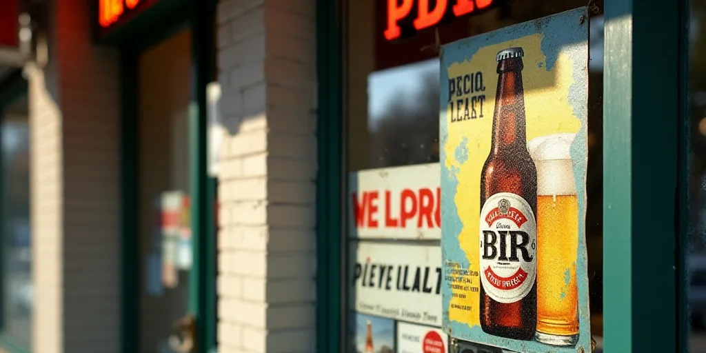 a sign is posted on a window of a storefront with advertisements on it and a bottle of beer, Elbridg
