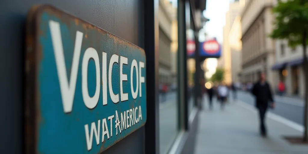 a sign on a building that says voice of america on it's side and a person walking in the background,