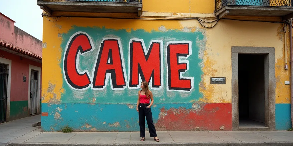 a sign on a building that says came in spanish and english and a woman is standing in front of it, C