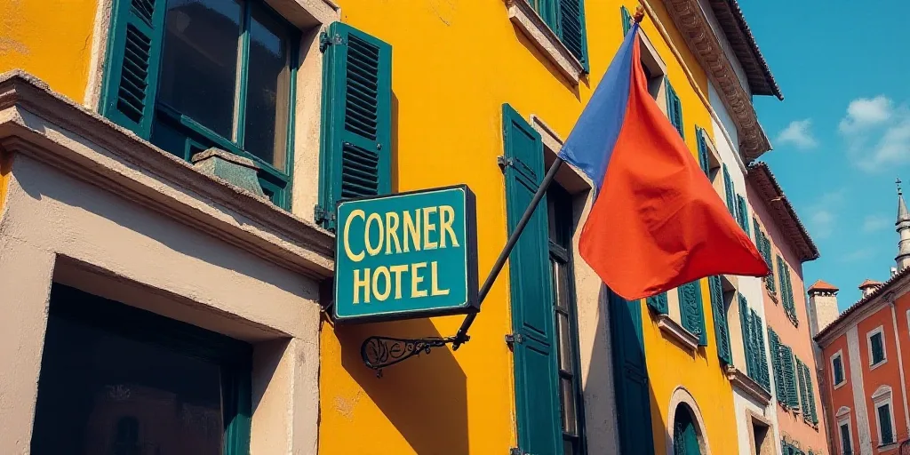 a sign on the side of a building that says, the corner hotel on the corner is a flag, Évariste Vita