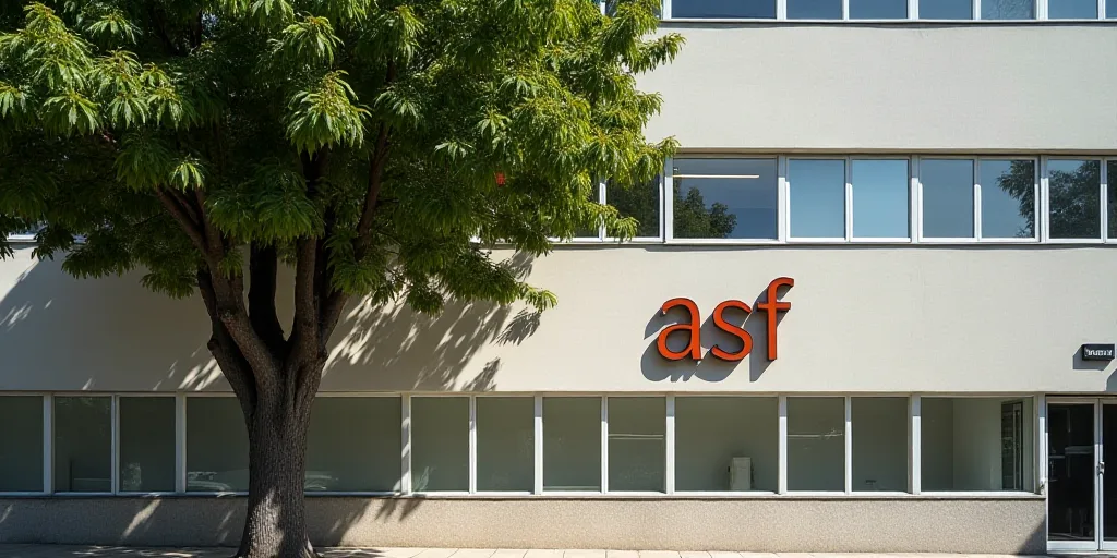 a sign on the side of a building that says asf, with a tree in front of it, Agustín Fernández, ign