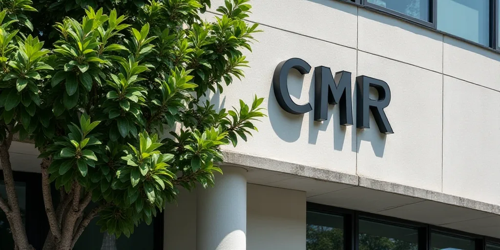 a sign on the side of a building that says cmr on it's side and a tree in front of it, Cui Bai, logo