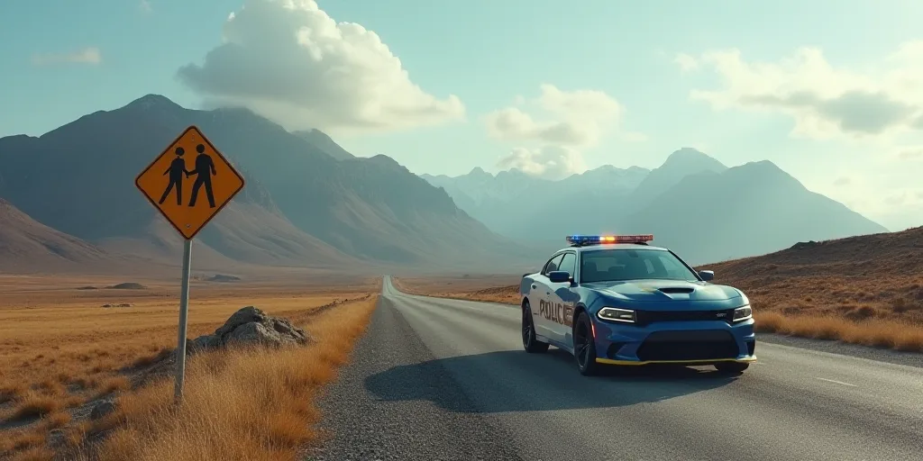 a sign on the side of a road with mountains in the background and a police car parked in front of it