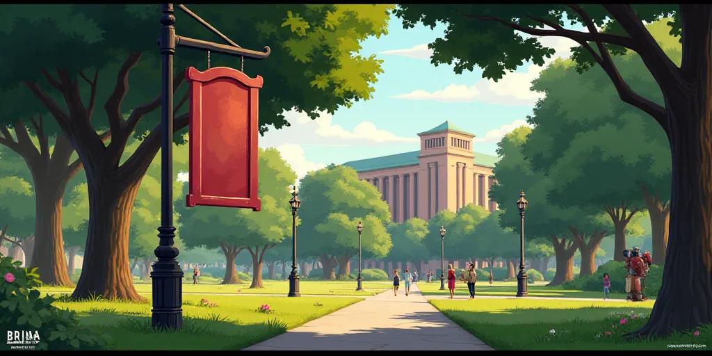 a sign that is hanging from a pole in a park with people walking by it and a building in the backgro