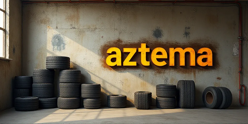 a sign that says aztema rubber and tire manufacturing mix on a wall in a building with a clock, Alon