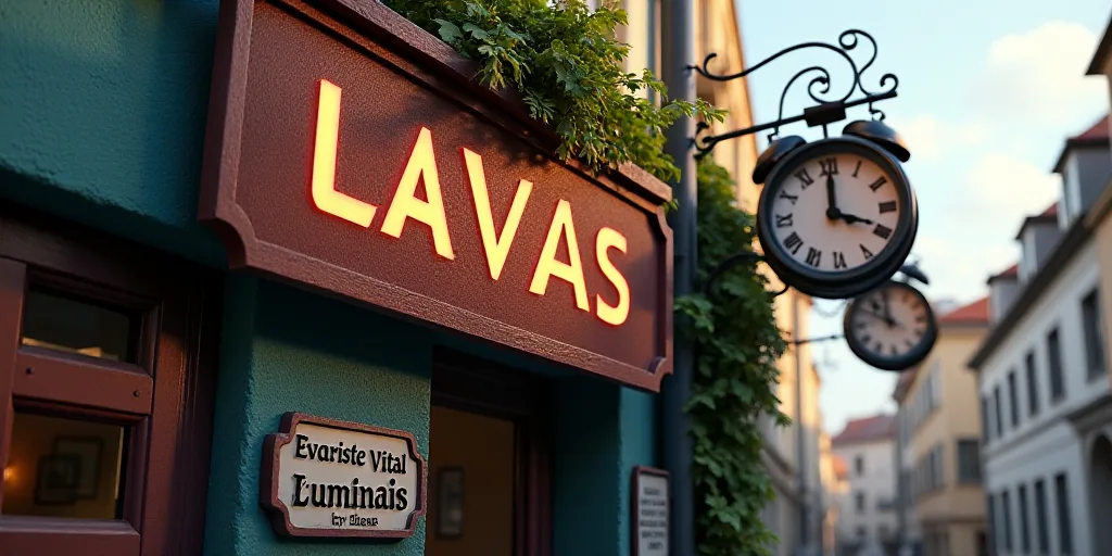a sign that says lavas on a building wall with a clock on it's side and a building in the background