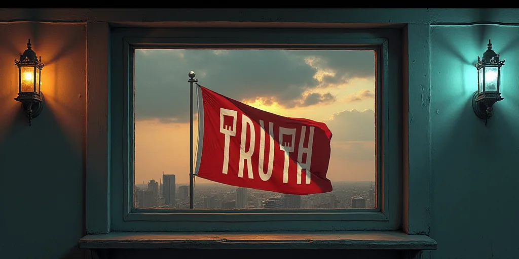 a sign that says truth and a flag behind it in a building with a window that says truth and a flag b