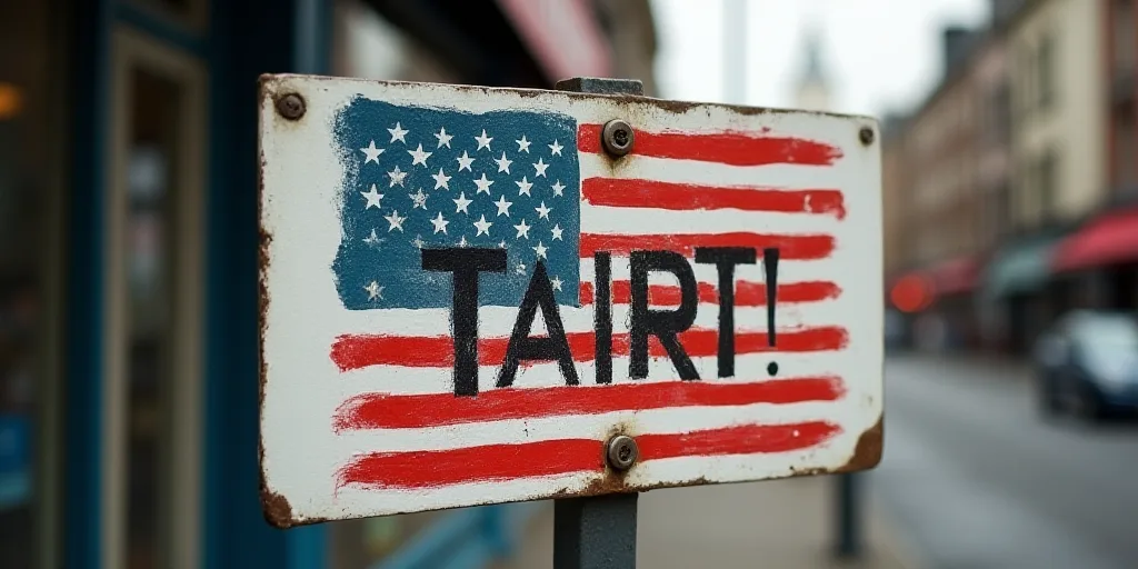 a sign with the word tarifs written on it and an american flag on it, with the word tarifs written o