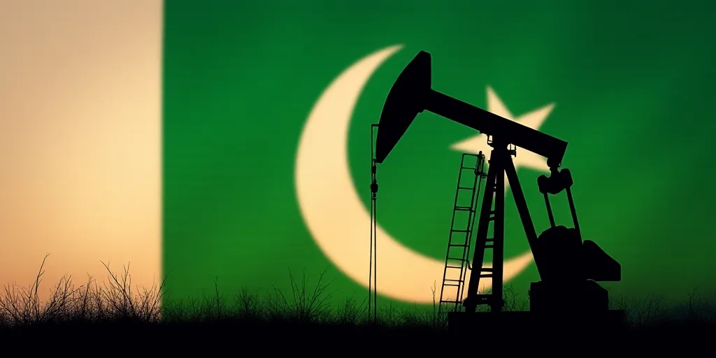a silhouette of a pump jack in front of a flag of the united states of pakistan and the oil industry
