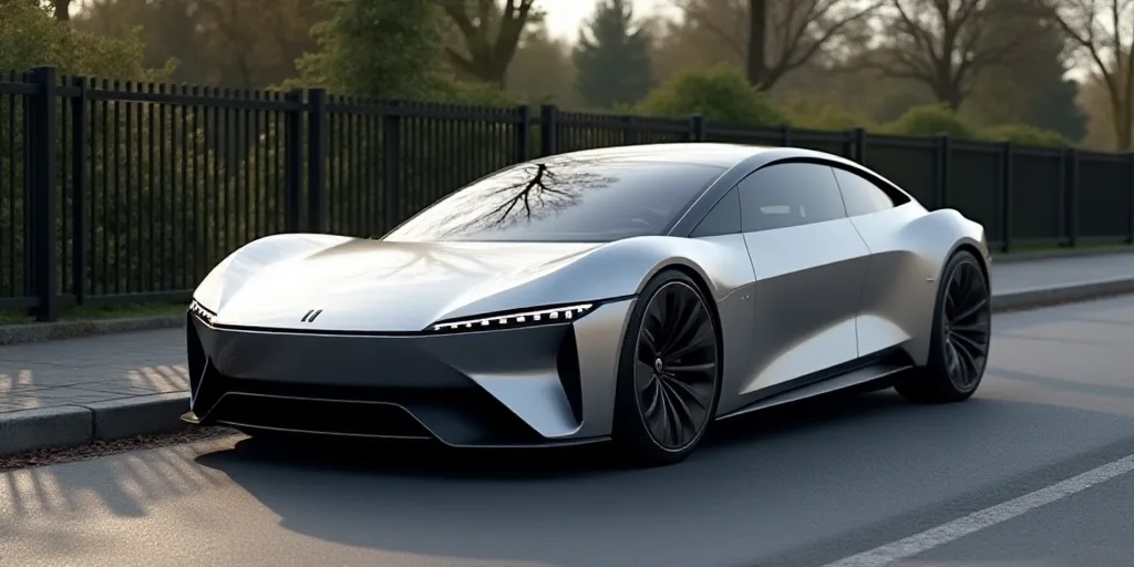 a silver electric car parked on the side of the road with a fence in the background and trees in the