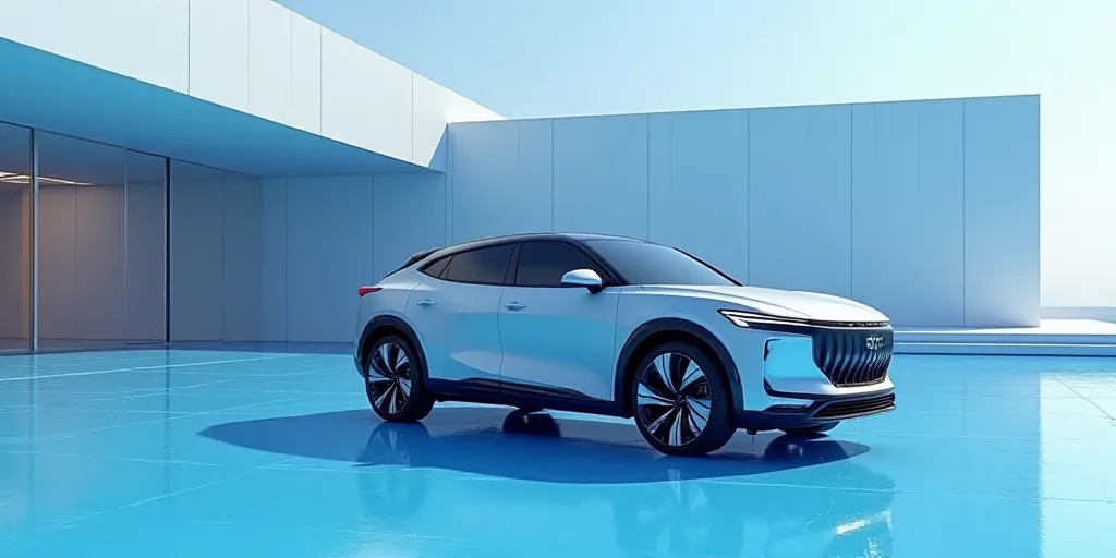 a silver suv parked in front of a building with a blue floor and a large building in the background,