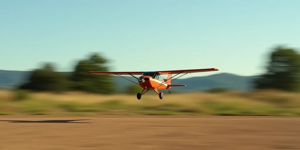 a small plane is flying low over a field of dirt and grass with trees in the background and a blue s
