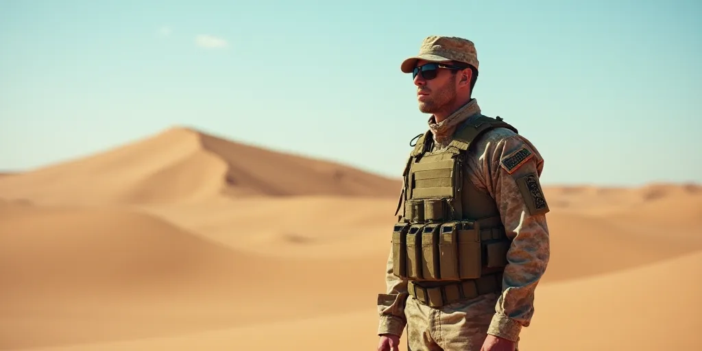a soldier in camouflage standing in the desert looking at something in the distance with a sky backg