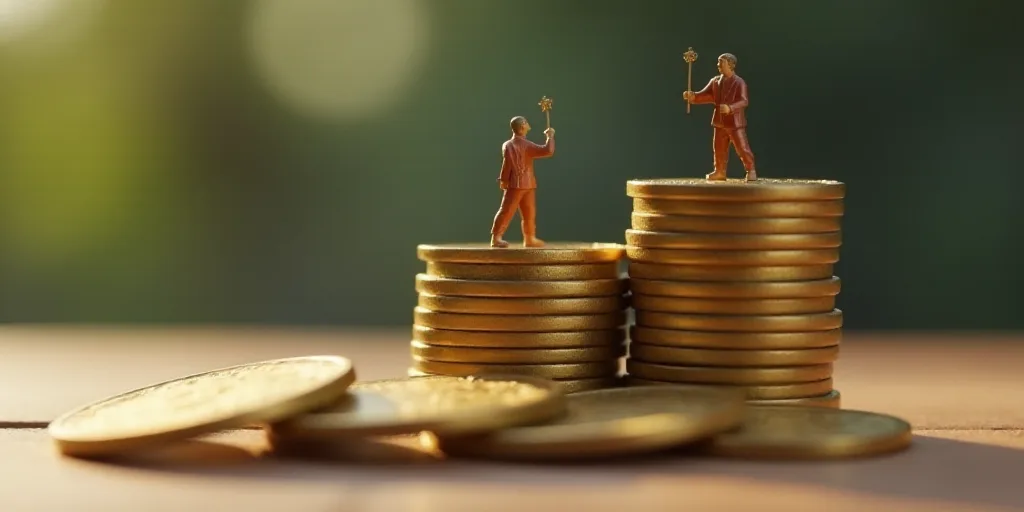 a stack of coins with two figurines on top of it and a row of coins in the background, An Zhengwen,