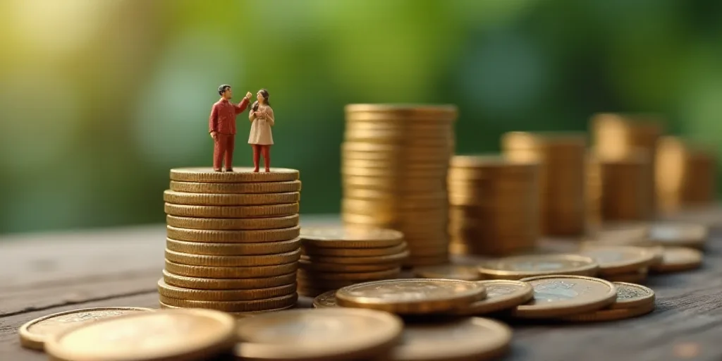 a stack of coins with two figurines on top of it and a row of coins in the background, An Zhengwen,