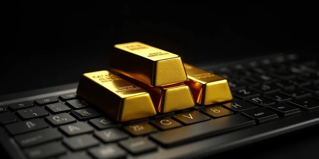 a stack of gold bars sitting on top of a keyboard keyboard, with a black background and a gold bar o