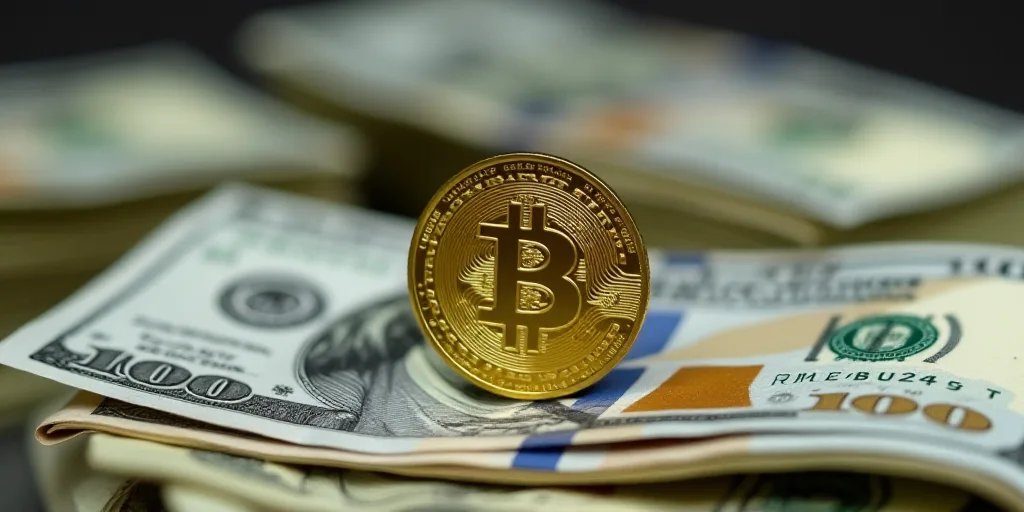 a stack of money with a gold coin on top of it and a stack of twenty dollar bills in the background,