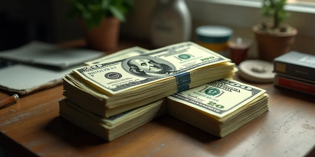 a stack of twenty dollar bills sitting on top of each other on a table in a room with other items, B