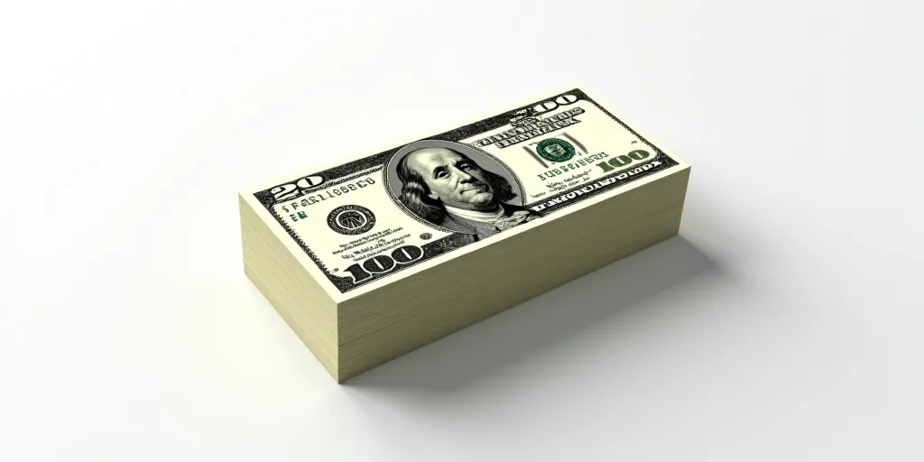 a stack of twenty dollar bills sitting on top of each other on a white surface with a white backgrou