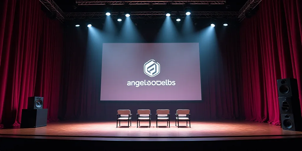 a stage with a large screen and chairs on it with a logo on the wall behind it and a stage with a sp