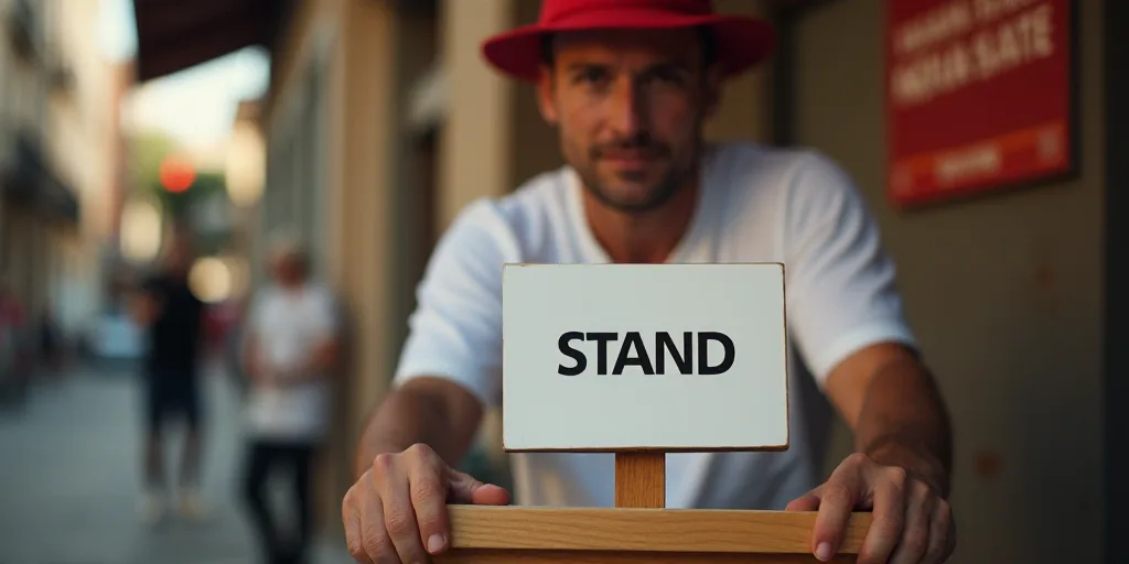 a stand with a sign that says stand on it and a man behind it in a white shirt and a red hat, Emilio