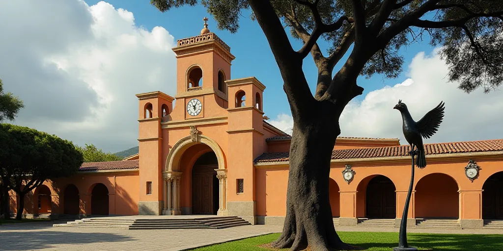 a statue of a bird on a tree in front of a building with a door and a clock tower, David Alfaro Siqu