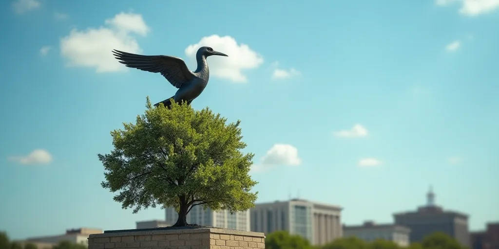 a statue of a bird on top of a building with a tree in front of it and a blue sky behind it, Dennis