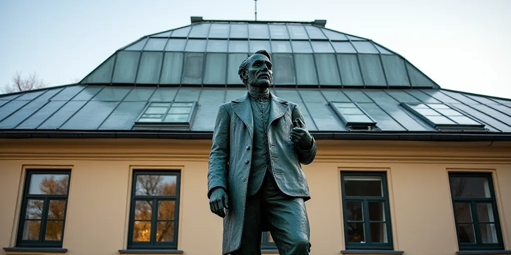 a statue of a man in front of a building with a skylight on top of it's roof, Carl Gustaf Pilo, fron