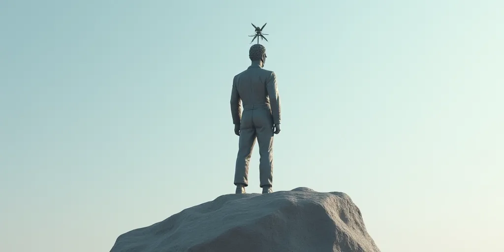 a statue of a man on top of a rock with a wind indicator on it's head and a sky background, Andries