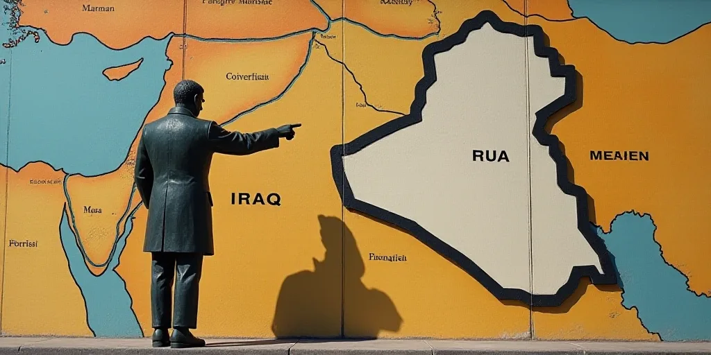 a statue of a man pointing at a map of the country of iraq on a wall with a map of the country of ir