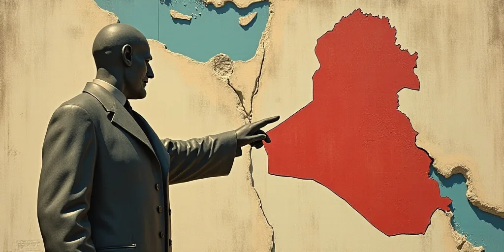 a statue of a man pointing at a map of the country of iraq on a wall with a map of the country of ir